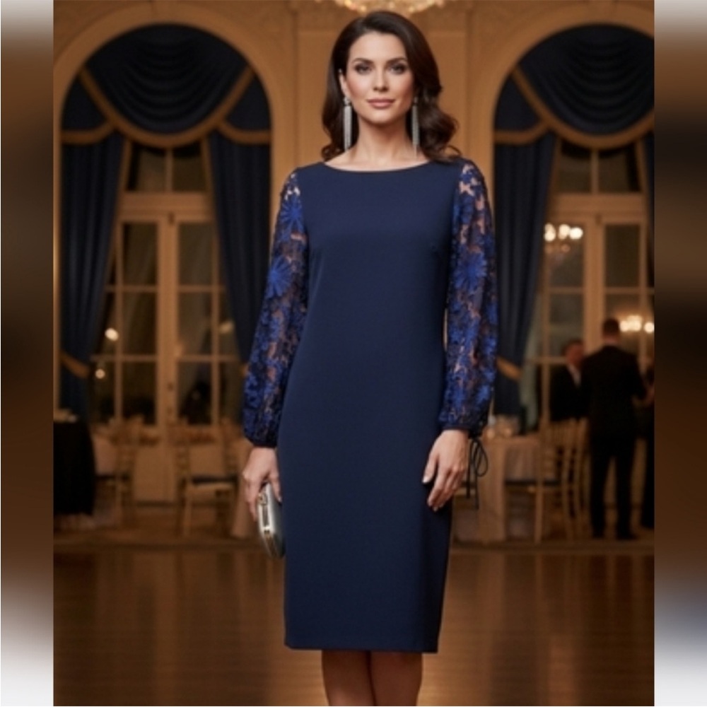 Badgley Mischka Elegant Navy Sheath Dress with Lace Sleeves